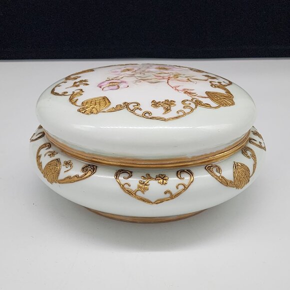 Antique Victorian Porcelain Trinket Box With Gold Gilt & Floral Design - Picture 9 of 12